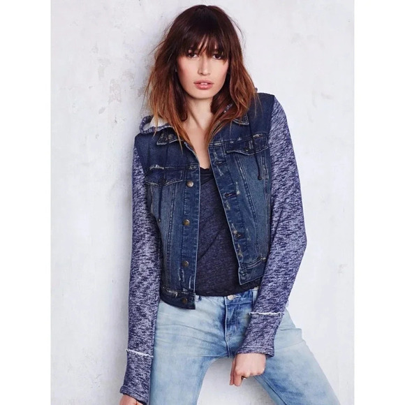 Free People Mixed Media Distressed Denim Jacket  with Knit Sleeves - Picture 1 of 16
